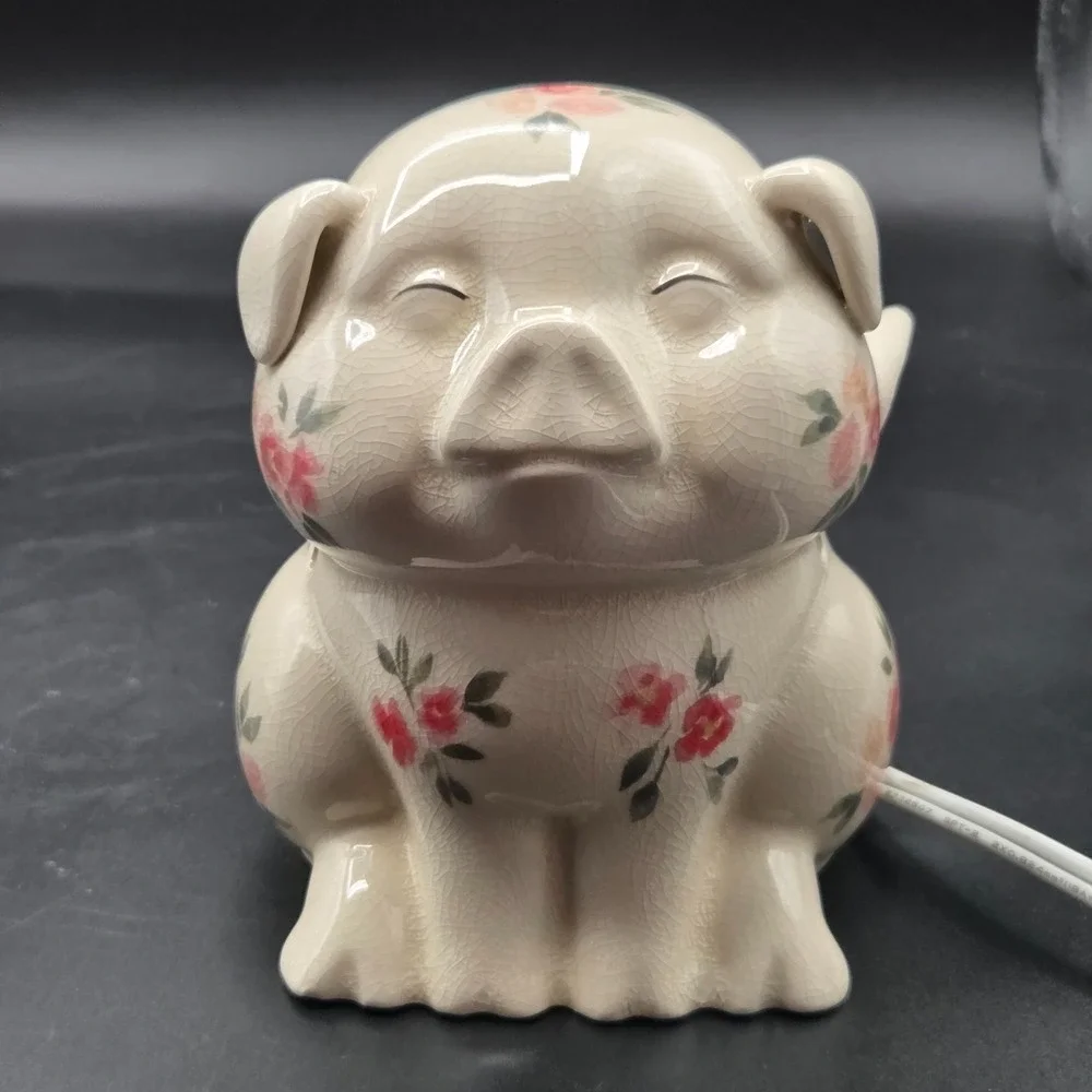 Shabby Chic Ceramic Flying‎ Pig Night Light With Roses and Wings VINTAGE